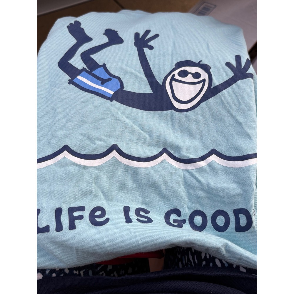 Life is Good Mens Jake Swim Crusher Tee Beach Blue Graphic T-Shirt Large NWT